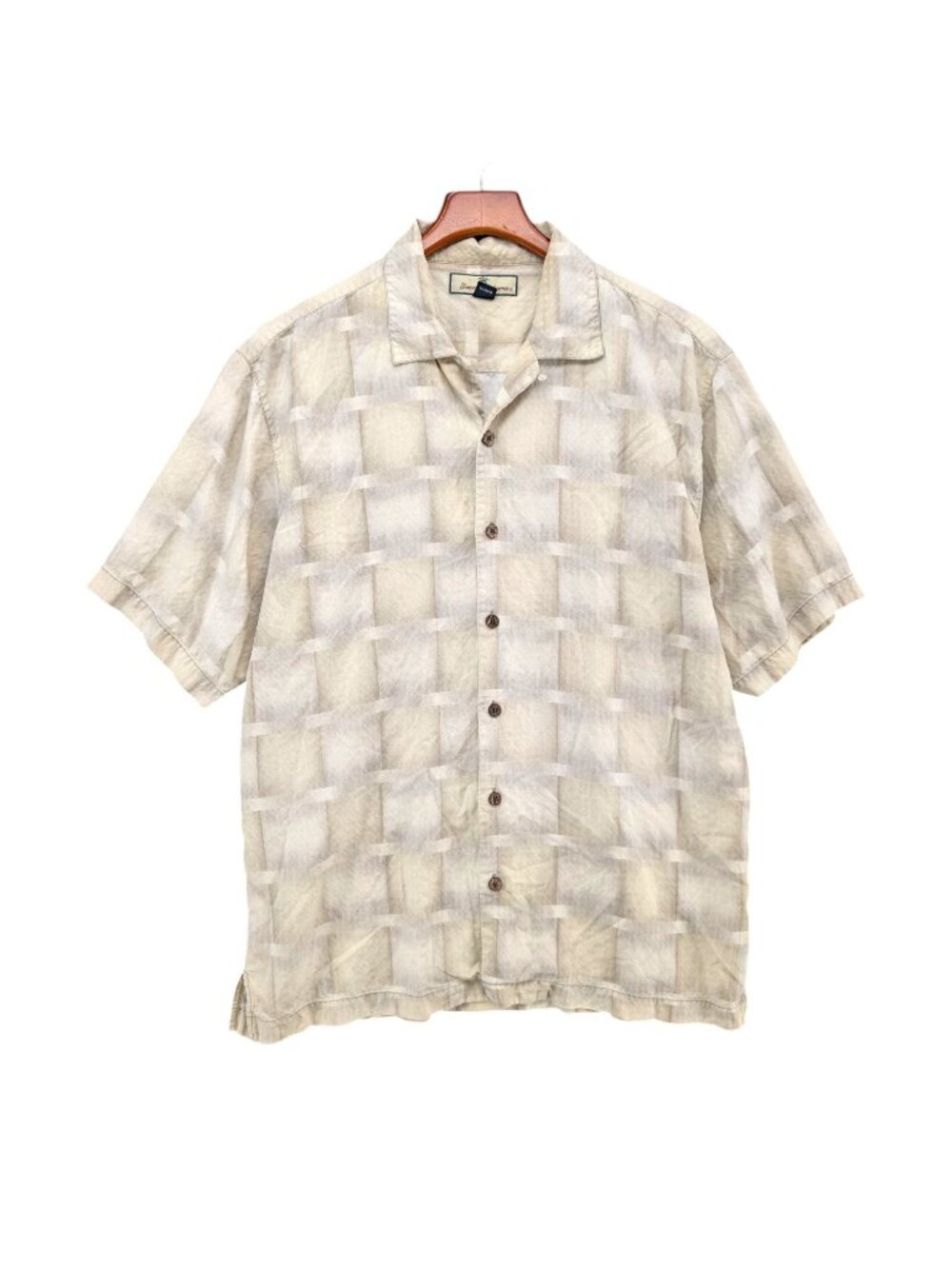 Tommy Bahama Silk Shirt Mens Cream Grey Short Sleeve Button Down Size M